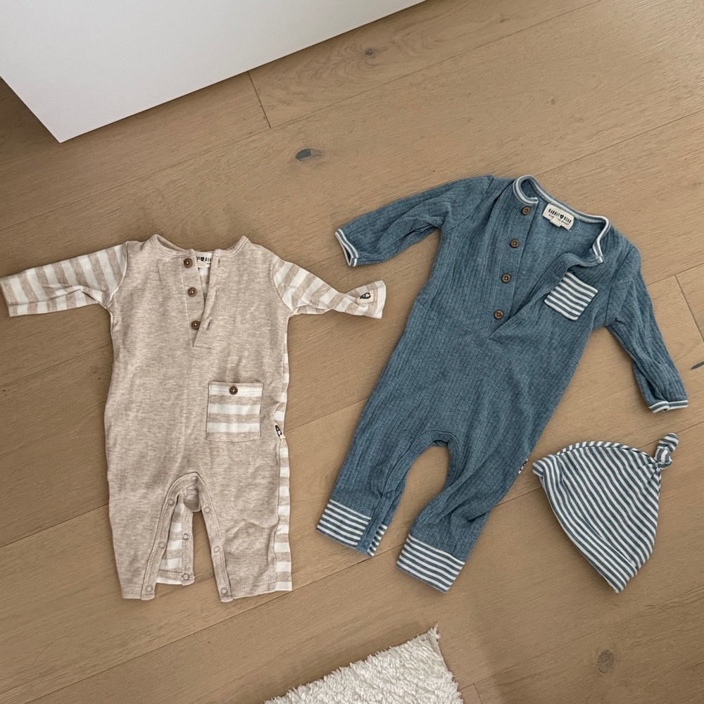 Rabbit + Bear Organic Boys Rompers long sleeve bundle 0-3 & 3-6 with hat
